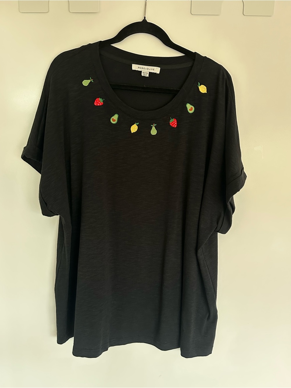 ROSE + OLIVE | BLACK SHORT SLEEVE T-SHIRT W/ FRUIT EMBROIDERY | SUPER SOFT | 2XL